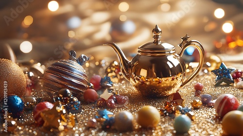 Spacethemed kitchen candies shaped like stars and planets and a metallic teapot photo