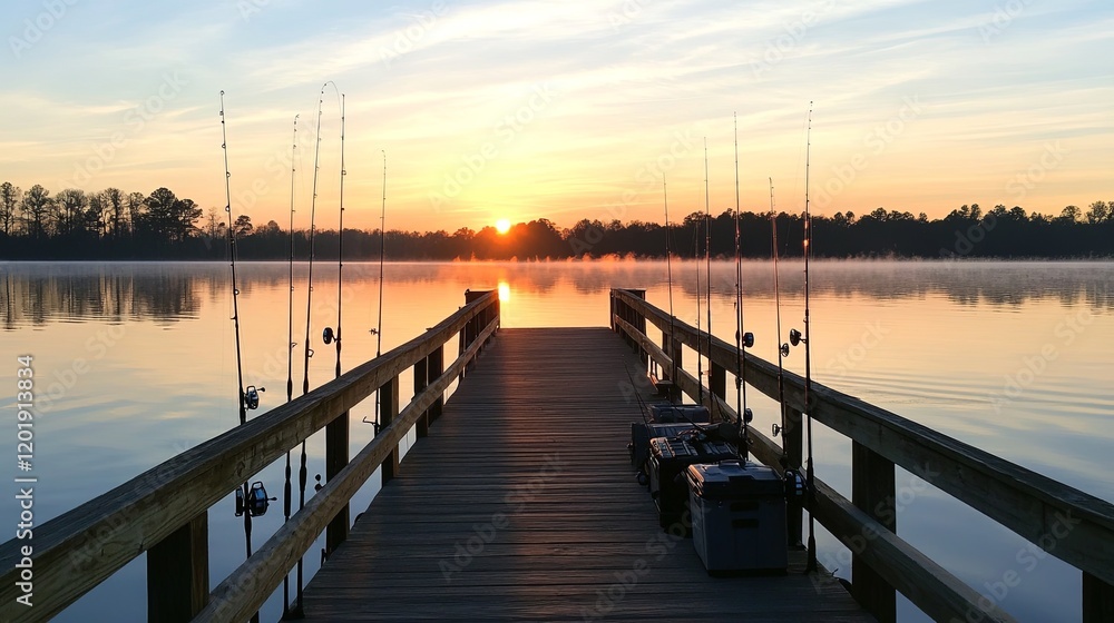 Fototapeta premium A fishing pier extending over calm waters at sunrise, with rods and tackle boxes ready