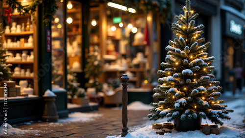 A charming Christmas tree adorned with warm lights, surrounded by snow in a cozy setting.
