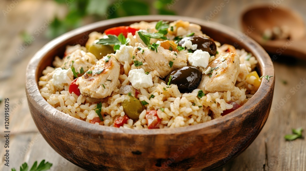 Image of rice and Mediterranean chicken with olives and feta cheese in a rustic bowl, emphasizing Mediterranean flavors and textures. Ideal for Mediterranean cuisine and hearty meals. Image of rice and Mediterranean chicken with olives and feta cheese in a rustic bowl, emphasizing Mediterranean flavors and textures. Ideal for Mediterranean cuisine and hearty meals.