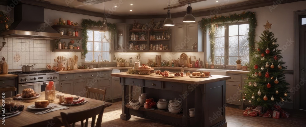 Fototapeta premium A festive holiday kitchen with Christmas treats, inviting aromas, Christmas baking