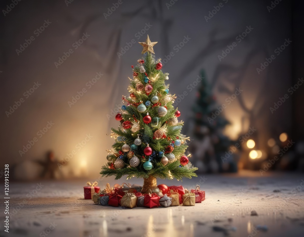 A festive miniature Christmas tree covered in sparkling decorations, sophisticated, refined, tiny A festive miniature Christmas tree covered in sparkling decorations, sophisticated, refined, tiny