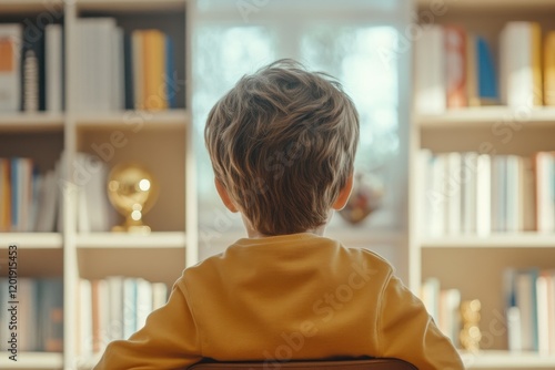 Child gazing at a shelf full of trophies and feeling unnoticed amidst the accolades and achievements photo