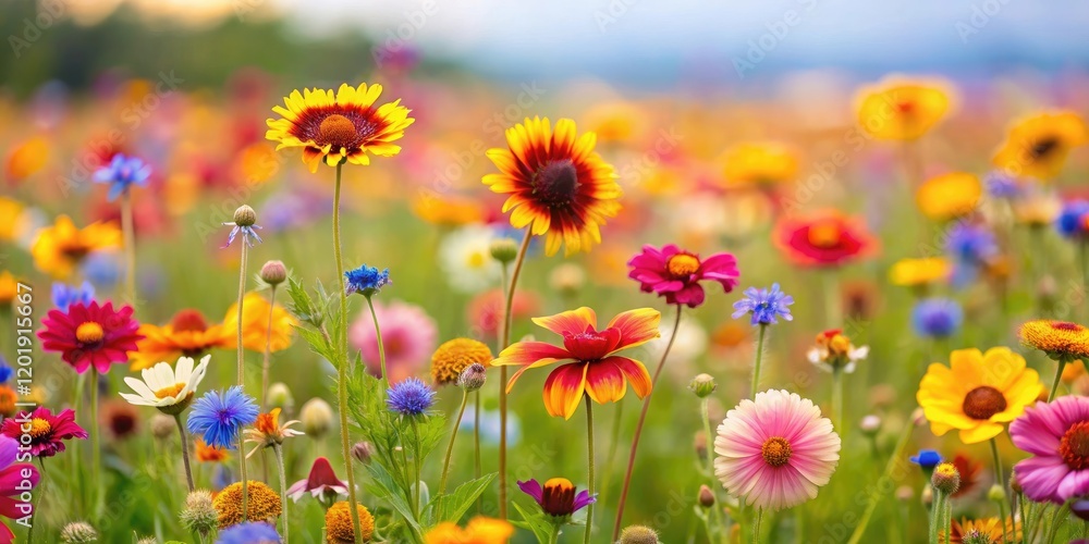 Fototapeta premium A field of colorful wildflowers swaying gently in the breeze, wildflowers, nature, field of flowers