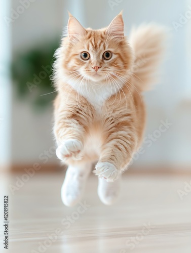 Energetic ginger cat leaping playfully indoors with blurred background