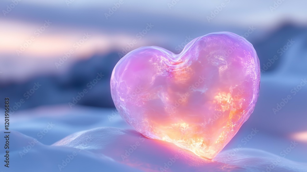 Fototapeta premium Glowing heart shaped crystal on snowy surface with warm pink light