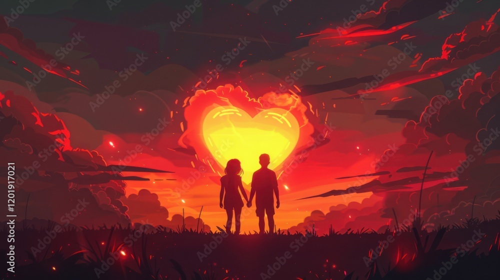 Sunset Romance: A fiery heart-shaped sunset illuminates a couple holding hands, symbolizing passionate love and eternal commitment. Sunset Romance: A fiery heart-shaped sunset illuminates a couple holding hands, symbolizing passionate love and eternal commitment.