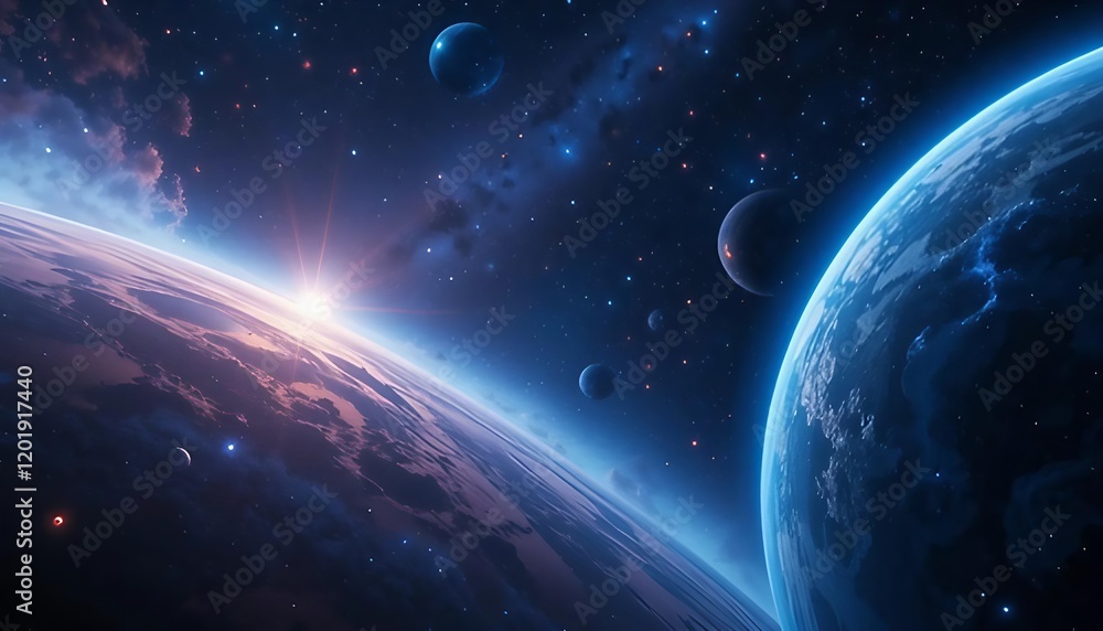 Obraz premium planets in a blue, sunlit environment surrounded by other planets stars and natural satellites
