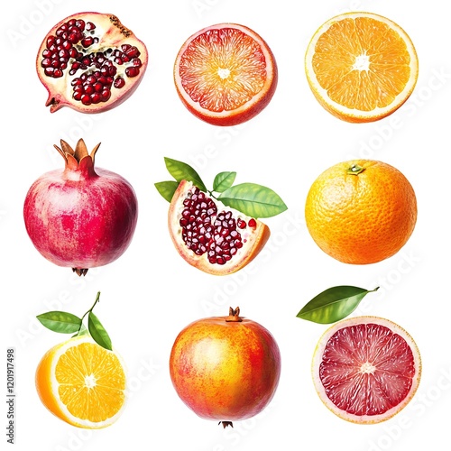Pomegranate Oranges and Grapefruit Citrus Fruits Assortment on White Background Food Still Life