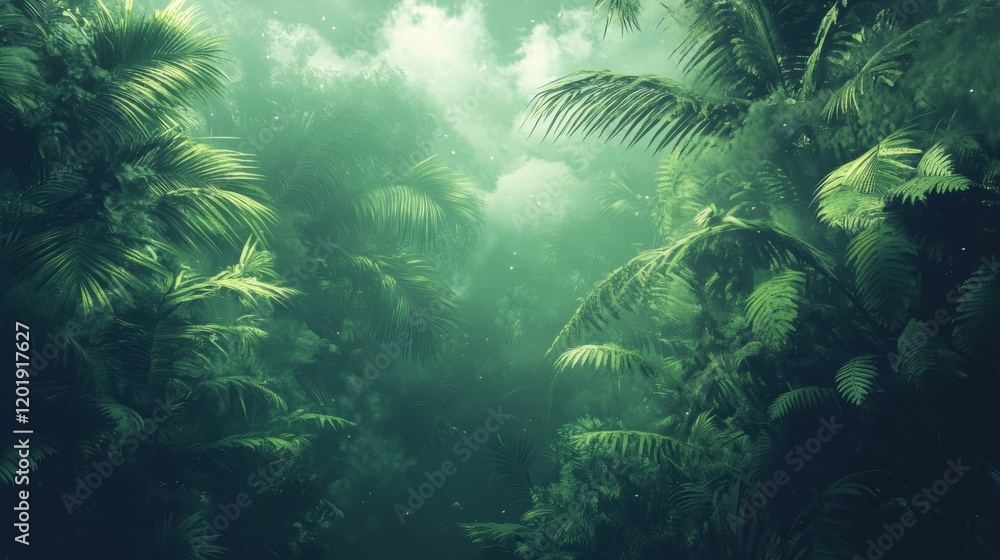 Lush Green Tropical Jungle with Misty Atmosphere and Dense Foliage Lush Green Tropical Jungle with Misty Atmosphere and Dense Foliage