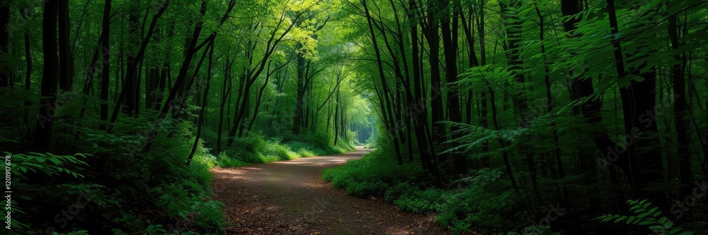 Fototapeta premium A forest path winding through a thicket of foliage, moss, natural scenery, leafy undergrowth