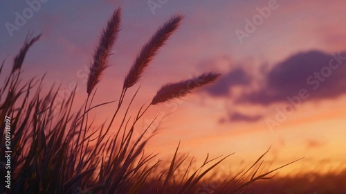 Close-Up of Tall Grass Blade Swaying Gently in Wind Against Sunset Sky photo