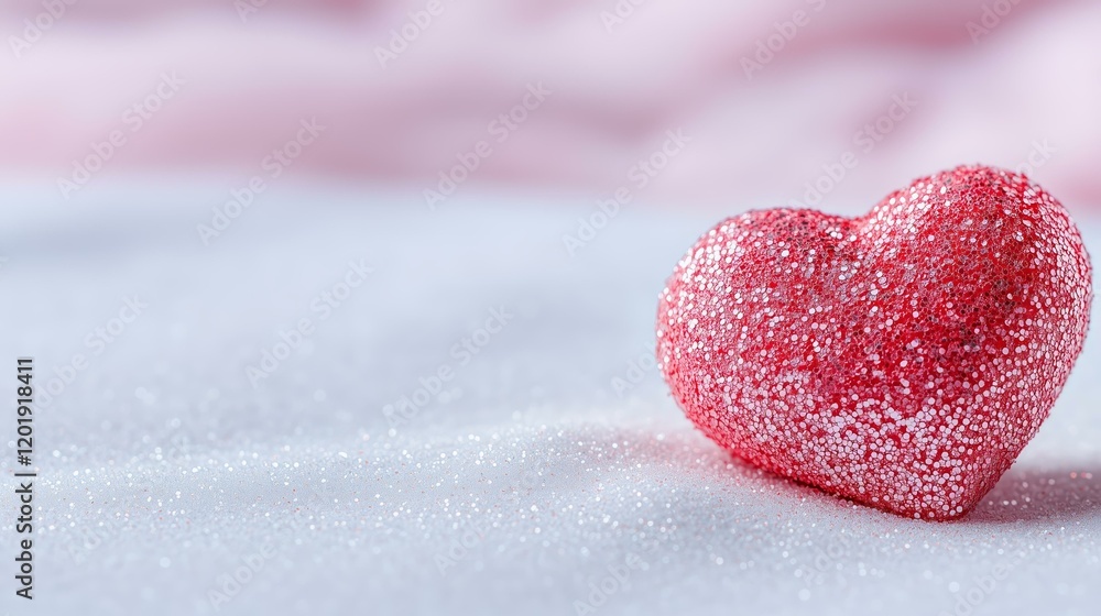 Fototapeta premium Sparkling pink heart on soft fabric surface with elegant dew-like texture and romantic glow
