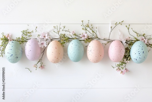 A simple and elegant Easter-themed garland with pastel-colored eggs photo