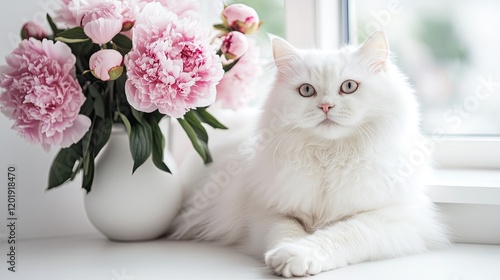 Fototapeta Naklejka Na Ścianę i Meble -  A fluffy white Persian cat lounging beside a vase of soft pink peonies on a clean white surface.
