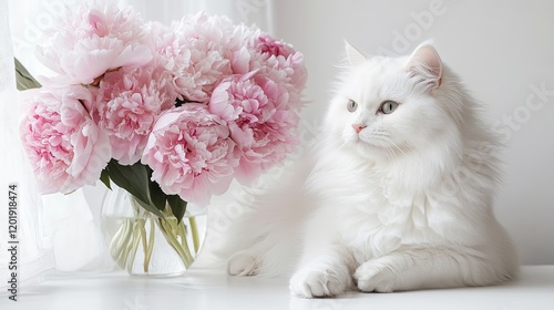 Fototapeta Naklejka Na Ścianę i Meble -  A fluffy white Persian cat lounging beside a vase of soft pink peonies on a clean white surface.