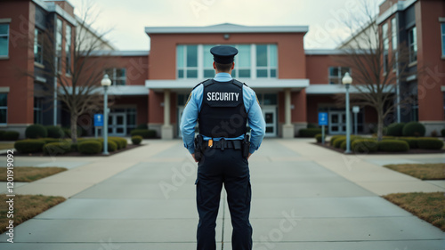 A security guard stands vigilant outside a school, ensuring safety and order on campus. photo