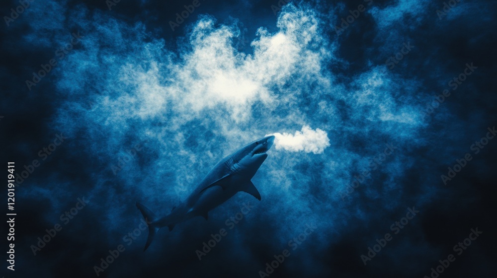 Naklejka premium Shark Swimming Through Dark Water with Misty Smoke Effect