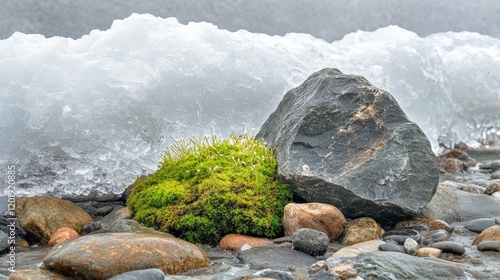 Lush green moss on a rocky shore by the ocean. photo