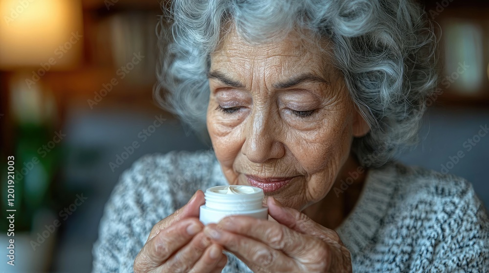 Elderly woman delicately holds and smells face cream Elderly woman delicately holds and smells face cream