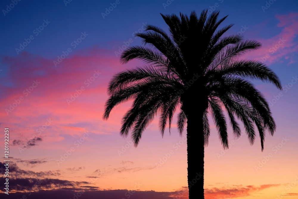 Obraz premium Elegant palm tree silhouette on a tranquil background perfect for tropical-themed projects and summer designs