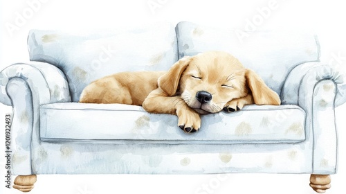 Pets house with luxury furniture. A sleeping puppy rests peacefully on a cozy couch.