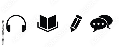 set of speaking listening reading writing education icon set. Language skill icon, logo vector illustration.