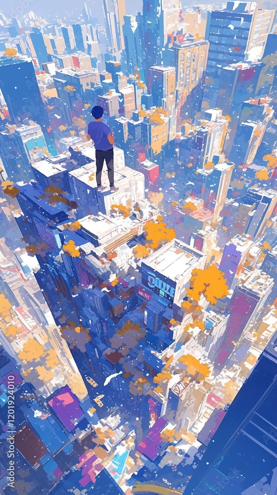 Obraz premium Man standing atop a high-rise building overlooking a sprawling futuristic city.