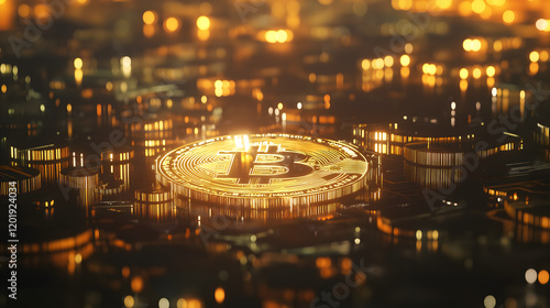 Bitcoin Coin Radiating Golden Glow in a Dark Setting