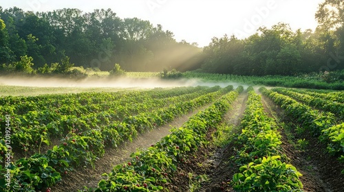 Sunrise over misty strawberry field, rows of plants, idyllic rural landscape, perfect for farming or food packaging.
