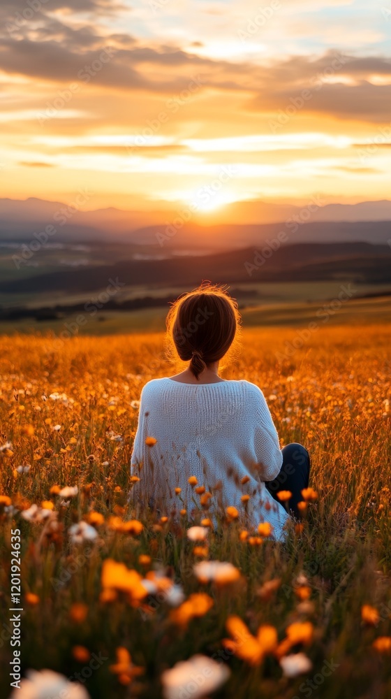 Fototapeta premium Person enjoying sunset in a flower-filled field.