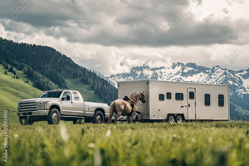 Truck towing a horse trailer to a riding competition