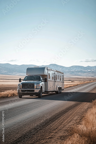 Truck towing a horse trailer to a riding competition