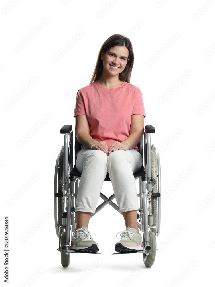 Smiling woman in wheelchair on white background