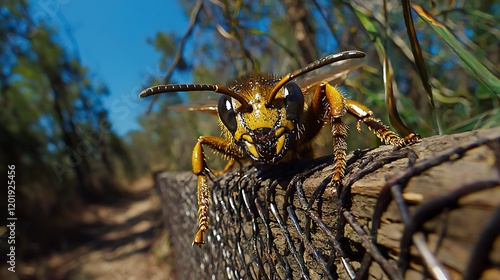 Close-up view of a vibrant yellow insect perched on a wooden fence in a sunny forest setting