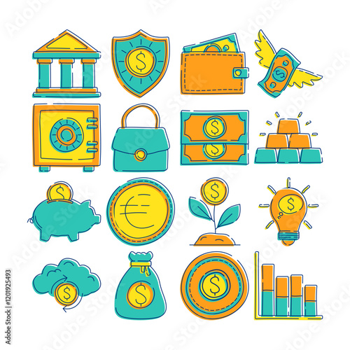 Doodle style icons illustrating saving money concepts, featuring banks, wallets, piggy banks, coins, gold bars, and growth charts. Perfect for financial themes, apps, or presentation.