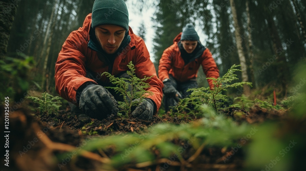 Volunteers planting saplings in a lush forest, symbolizing teamwork and ecological restoration. Great for environmental campaigns and sustainability projects. Volunteers planting saplings in a lush forest, symbolizing teamwork and ecological restoration. Great for environmental campaigns and sustainability projects.