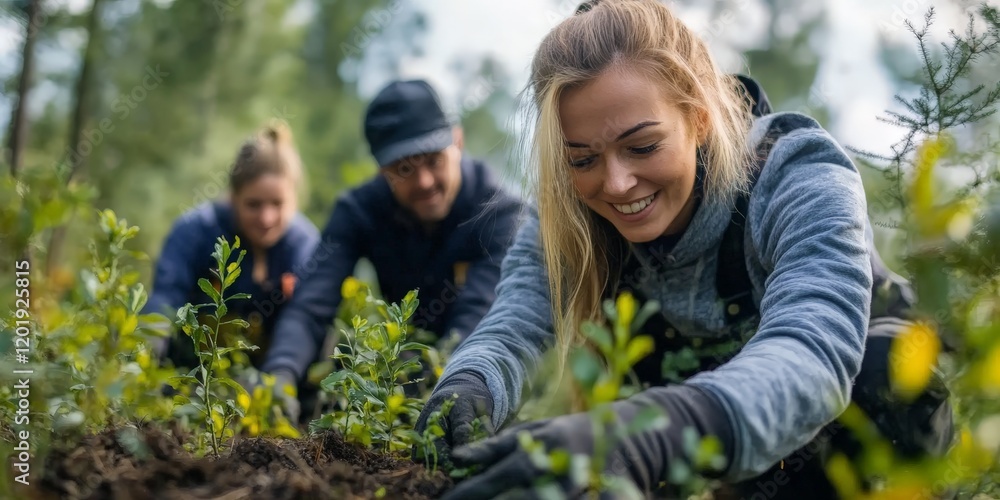 Volunteers planting saplings in a lush forest, symbolizing teamwork and ecological restoration. Great for environmental campaigns and sustainability projects. Volunteers planting saplings in a lush forest, symbolizing teamwork and ecological restoration. Great for environmental campaigns and sustainability projects.