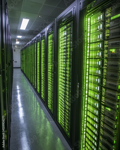 Server room with green-lit data storage units. photo