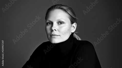 A poised woman in a black turtleneck gazes thoughtfully, her expression serene, set against a neutral background.