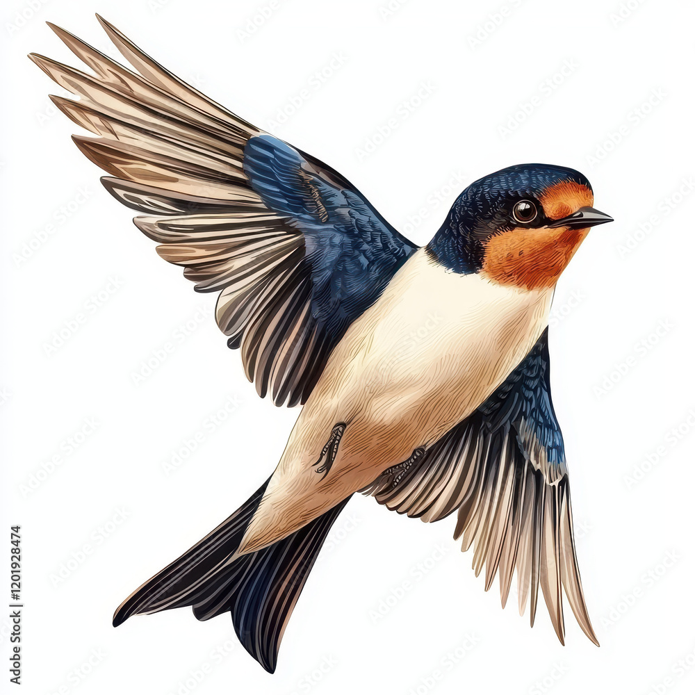Naklejka premium beautifully illustrated swallow bird in flight, showcasing vibrant colors and detailed feathers