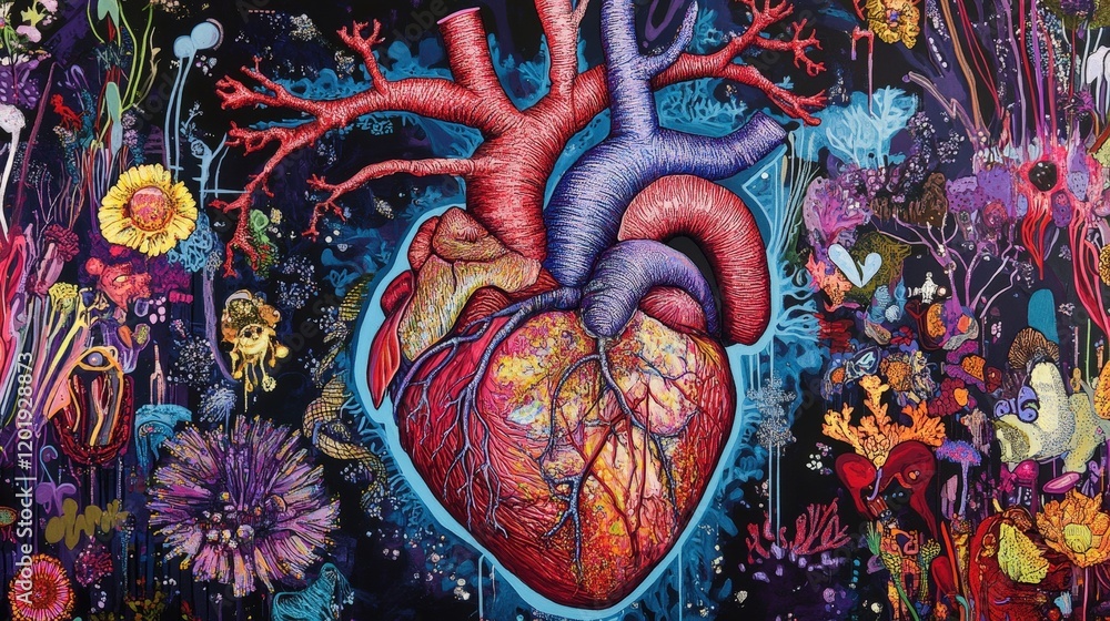 Naklejka premium A vibrant diagram of the human heart, labeled with arteries, valves, and chambers in detail