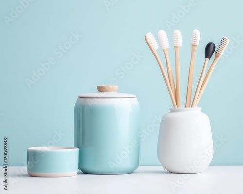 Stylish toothbrushes and jars on a pastel backdrop. photo