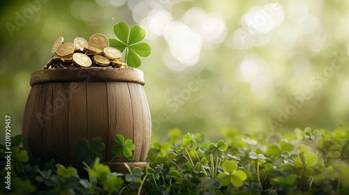 st patricks day green heritage concept, A wooden barrel filled with gold coins and a four-leaf clover, set against a lush, green background, symbolizing luck and prosperity. photo