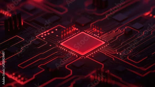 Close-up of a red microchip on a circuit board background.