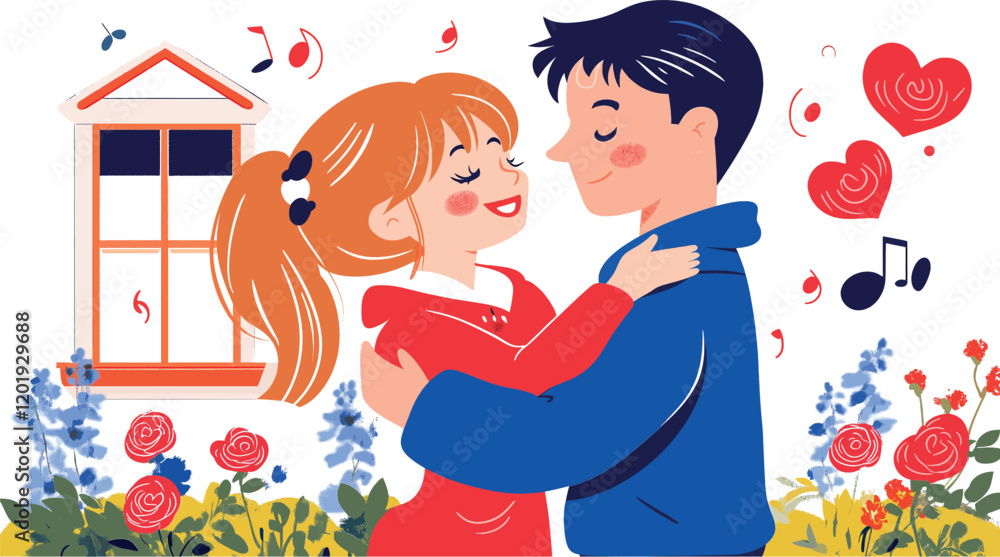 Fototapeta premium Embracing Couple in Love with Floral Background Minimal Vector Art