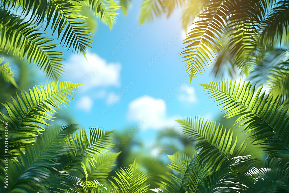 Fototapeta premium Vibrant Tropical Foliage and Sunny Sky Background