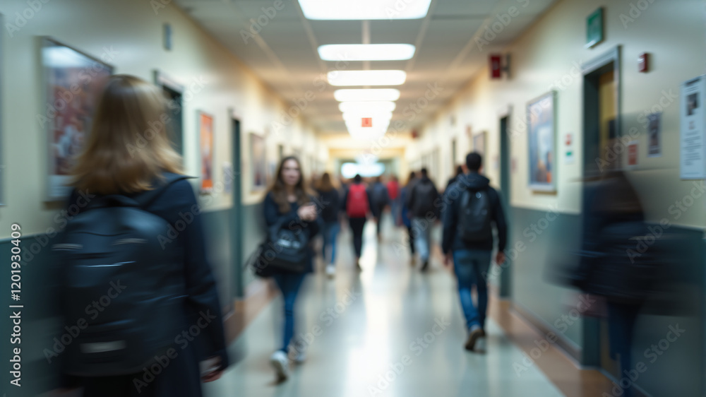 A busy school hallway filled with students walking, showcasing backpacks and vibrant lighting. A busy school hallway filled with students walking, showcasing backpacks and vibrant lighting.