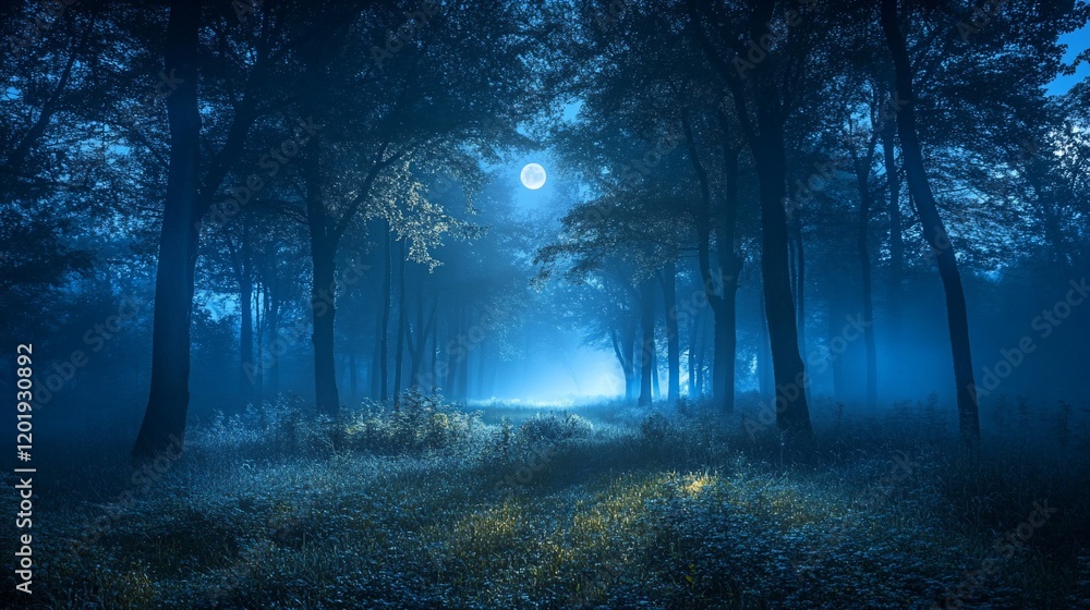 Fototapeta premium Moonlit forest path, mystical night scene, fog, trees