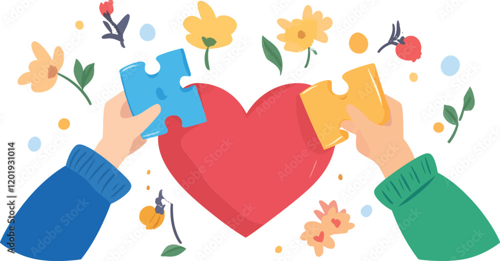 Fototapeta premium Hands Connecting Puzzle Pieces into a Heart Shape in Flat Vector Art